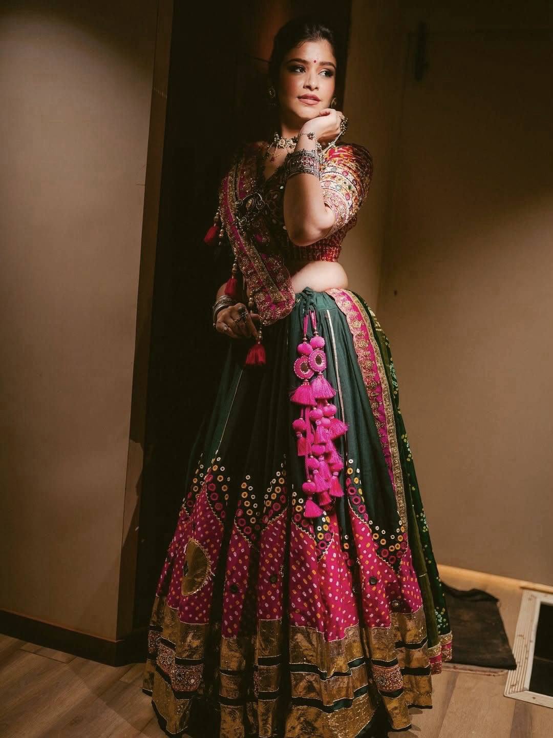 Green Mirror Work Printed Navratri Lehenga Choli