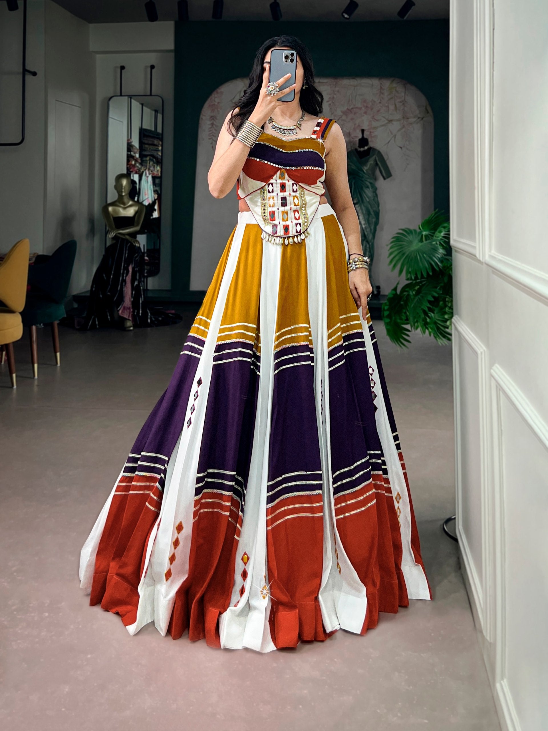 Mulati Color Pure Rayon Mirror Work Navratri Lehenga Choli