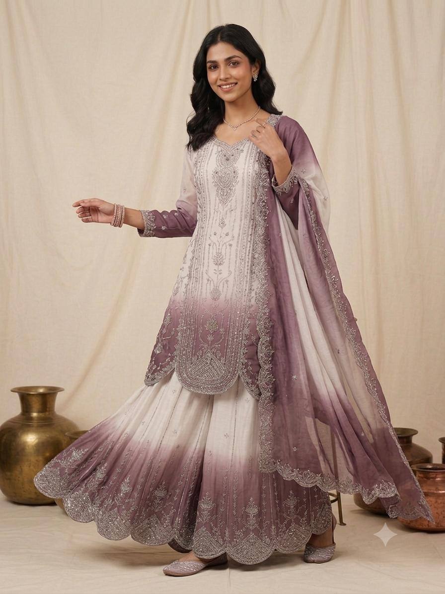 White & Dusty Mauve Ombre Sequence Embroidered Palazzo Suit