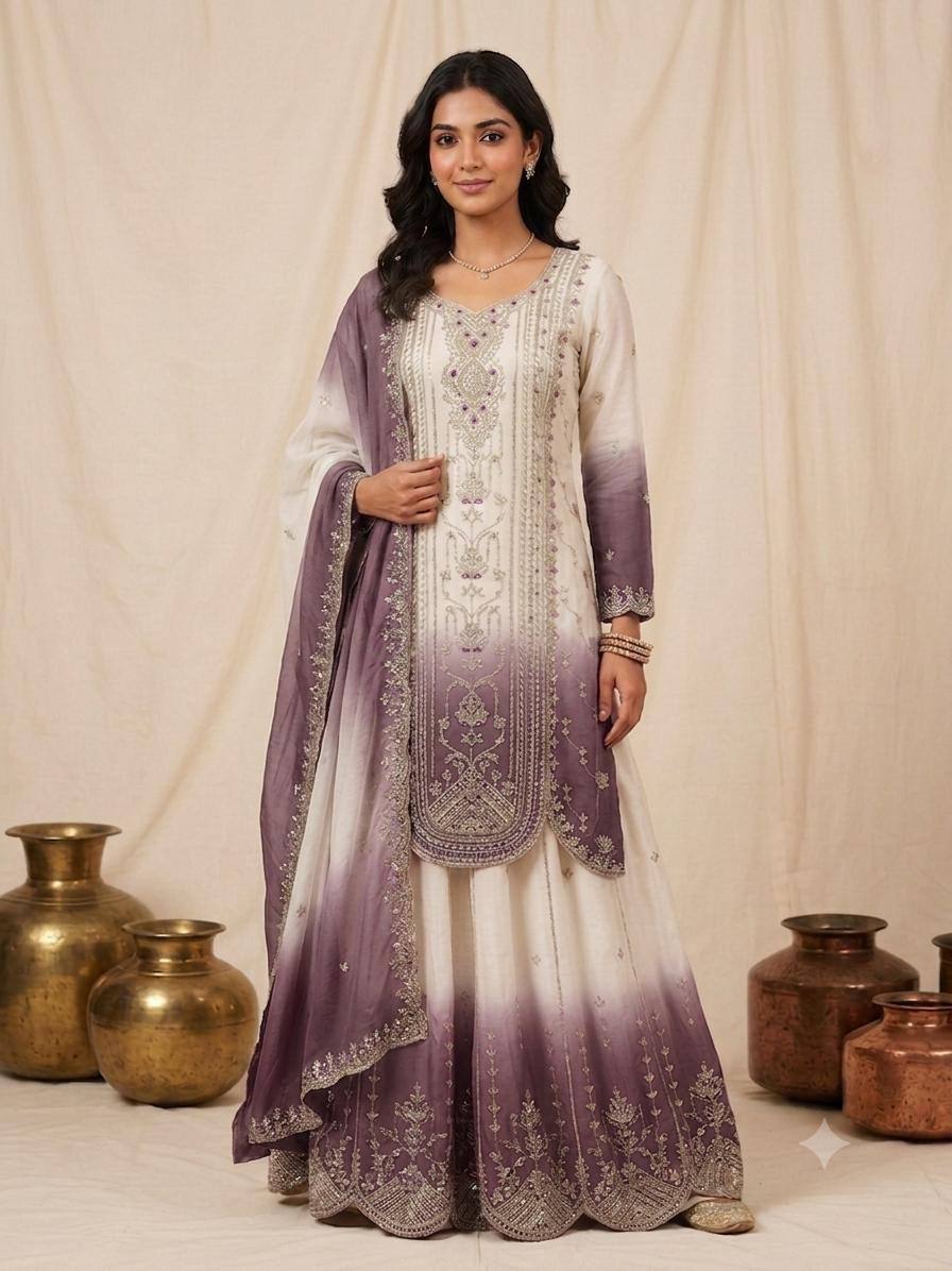 White & Dusty Mauve Ombre Sequence Embroidered Palazzo Suit