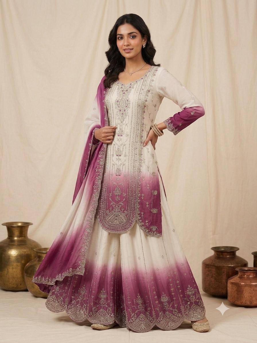 White & Dusty Pink Sequence Embroidered Palazzo Suit