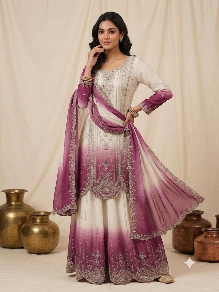 White & Dusty Pink Sequence Embroidered Palazzo Suit