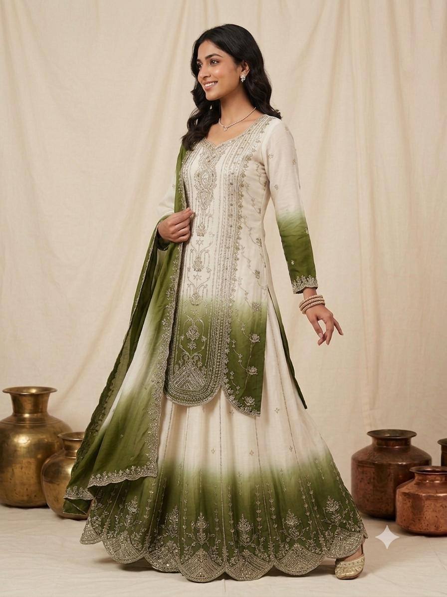 White & Olive Green Sequence Embroidered Palazzo Suit