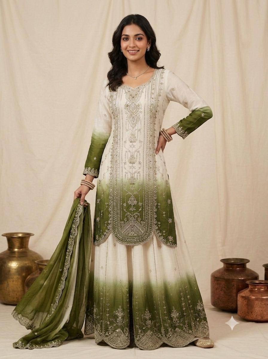 White & Olive Green Sequence Embroidered Palazzo Suit