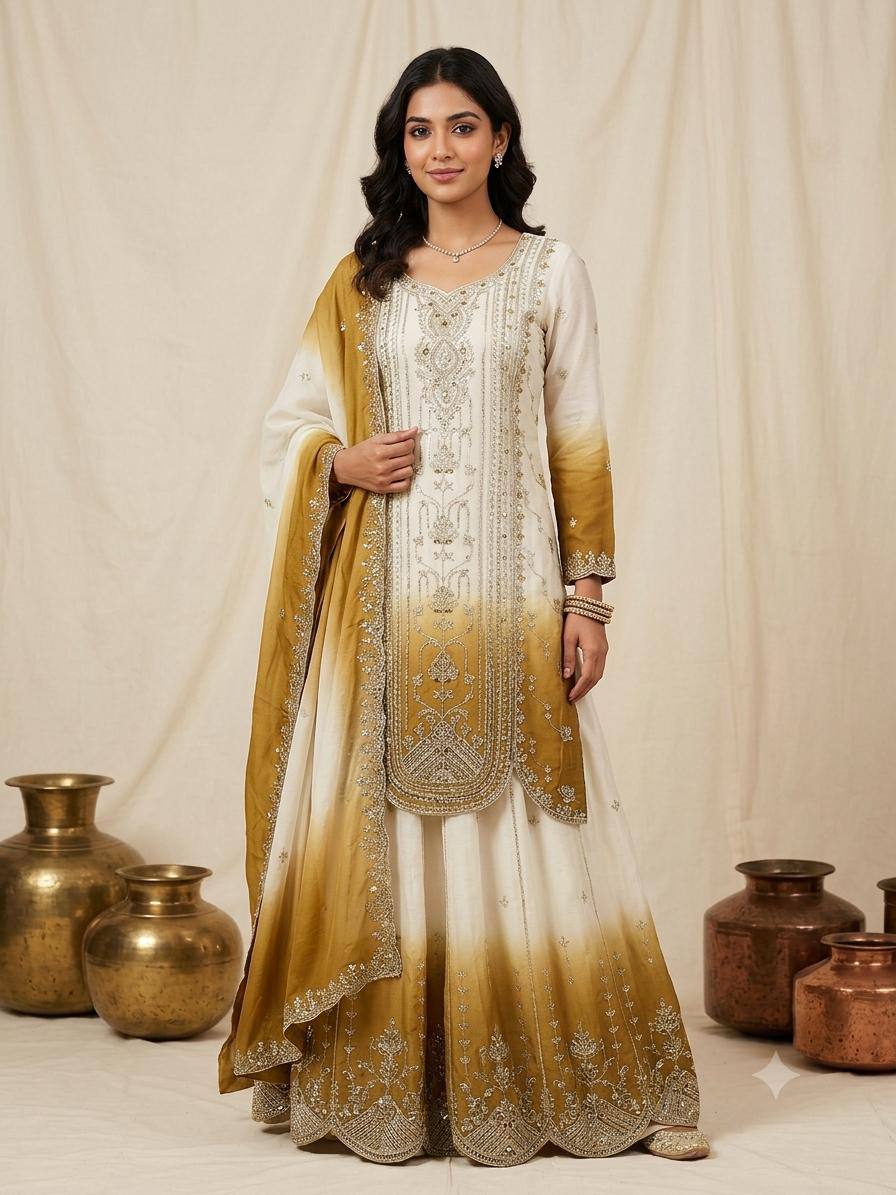 White & Antique Gold Ombre Sequence Embroidered Palazzo Suit