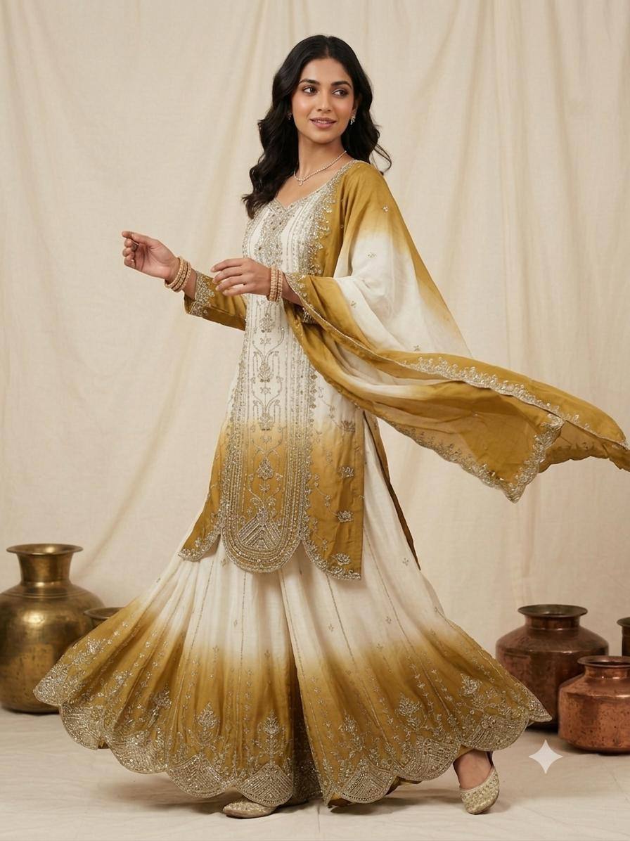White & Antique Gold Ombre Sequence Embroidered Palazzo Suit