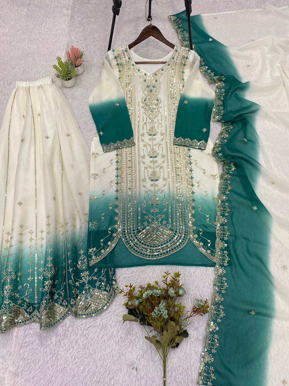 White & Emerald Sequence Embroidered Palazzo Suit