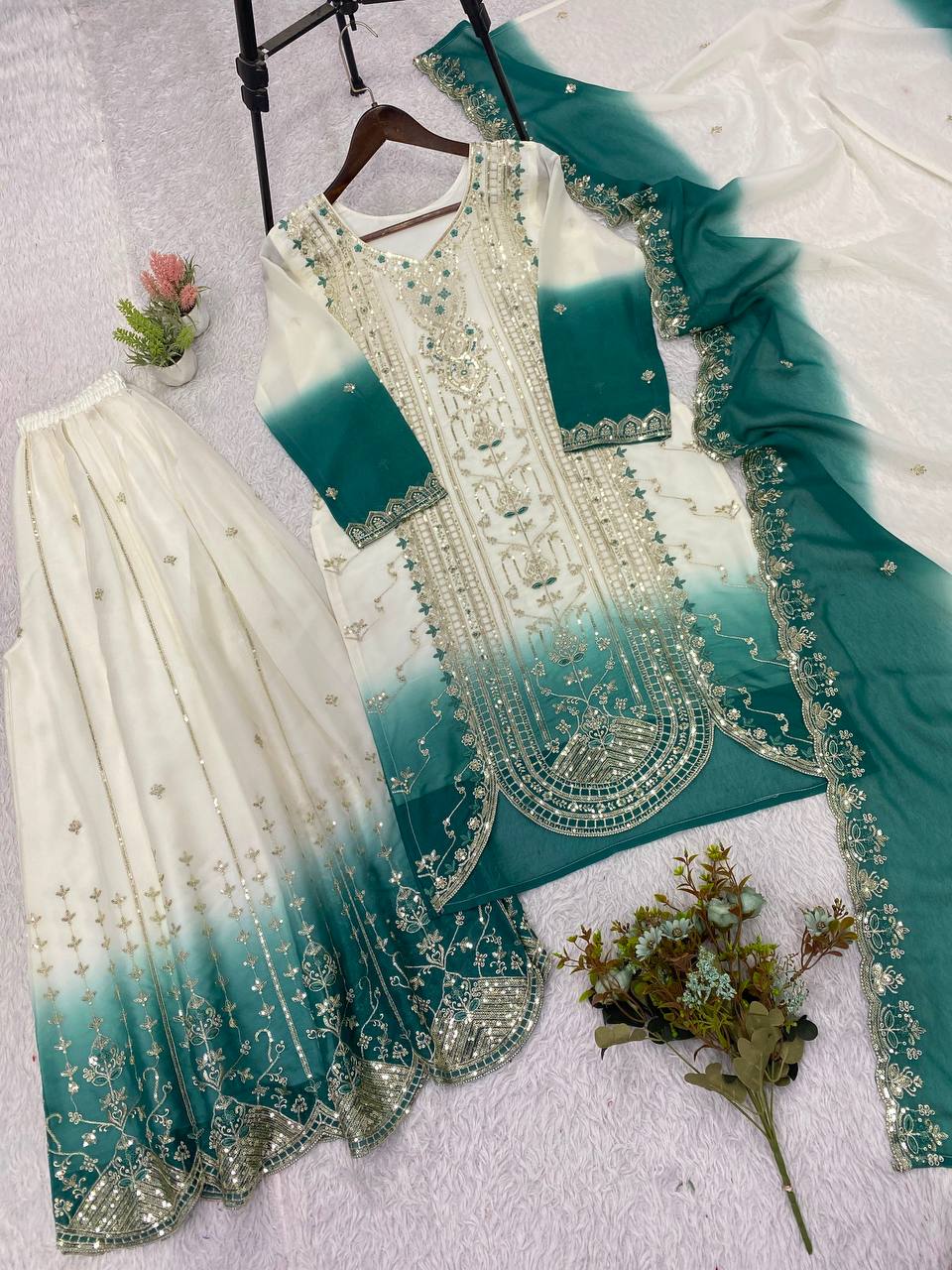 White & Emerald Sequence Embroidered Palazzo Suit