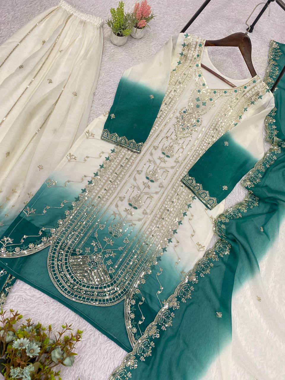 White & Emerald Sequence Embroidered Palazzo Suit