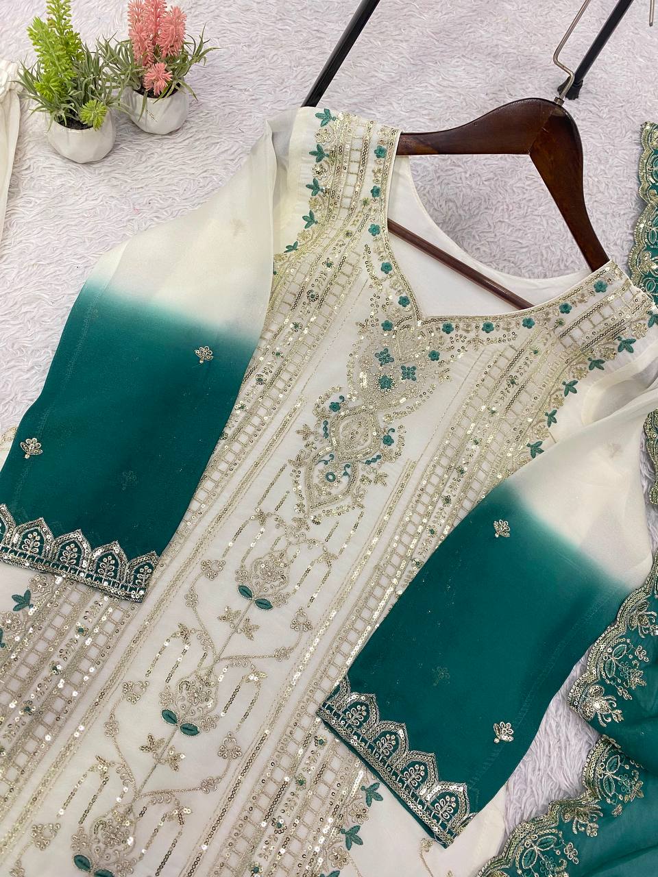 White & Emerald Sequence Embroidered Palazzo Suit