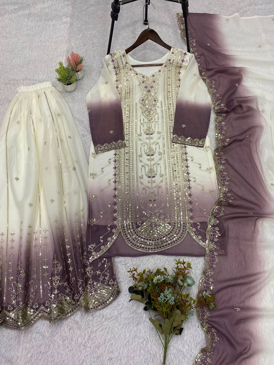 White & Dusty Mauve Ombre Sequence Embroidered Palazzo Suit