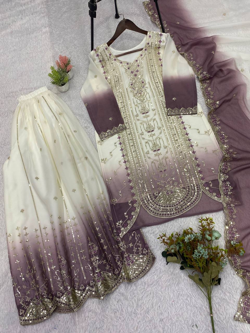 White & Dusty Mauve Ombre Sequence Embroidered Palazzo Suit