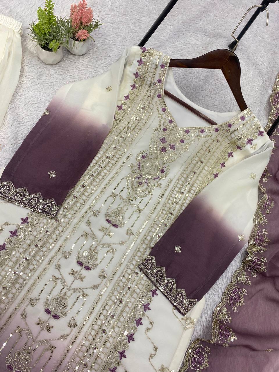 White & Dusty Mauve Ombre Sequence Embroidered Palazzo Suit