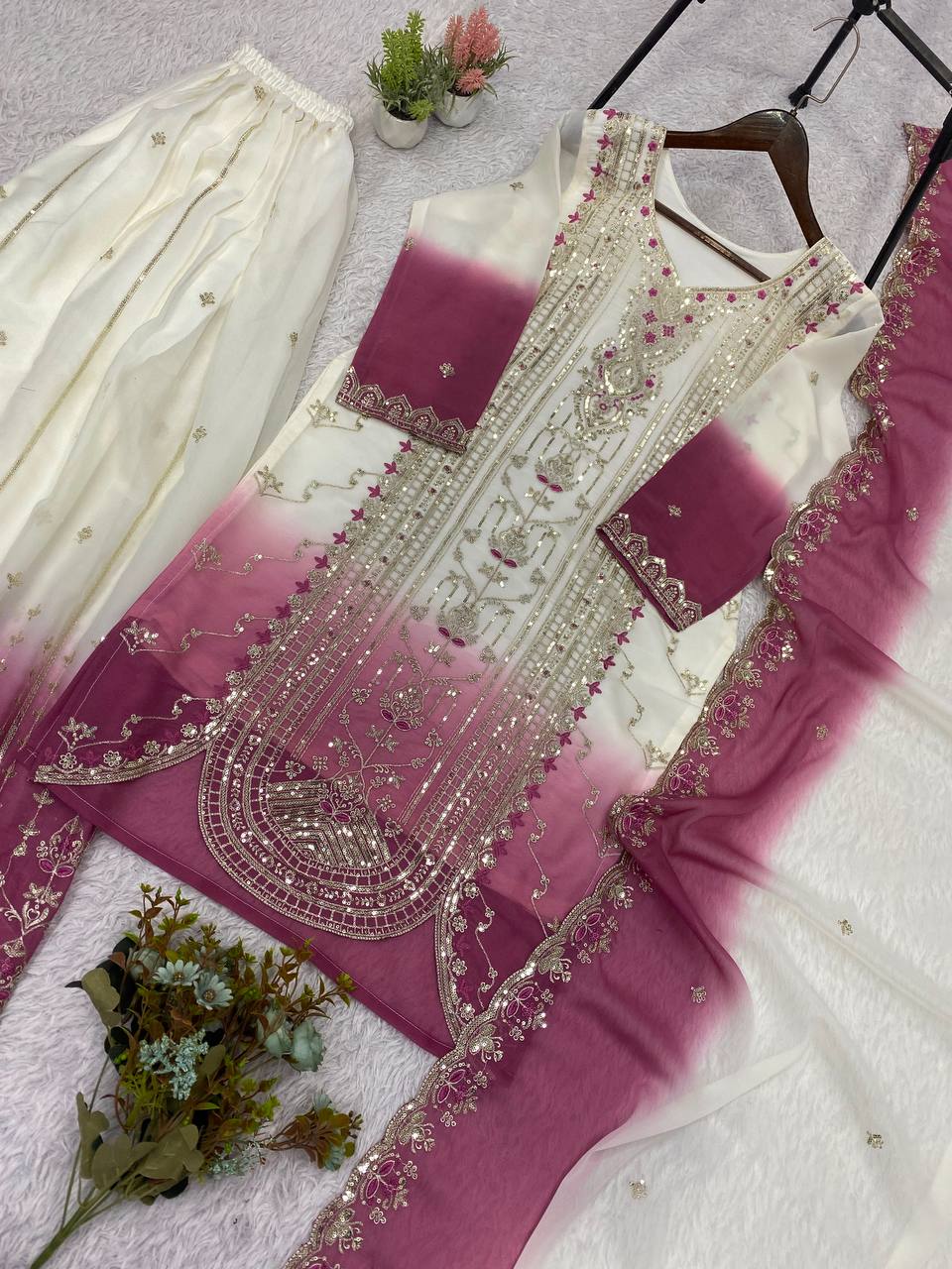 White & Dusty Pink Sequence Embroidered Palazzo Suit