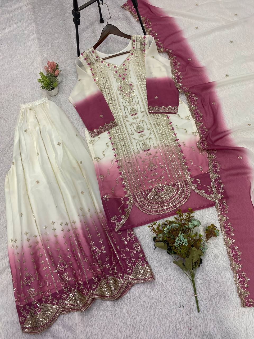 White & Dusty Pink Sequence Embroidered Palazzo Suit