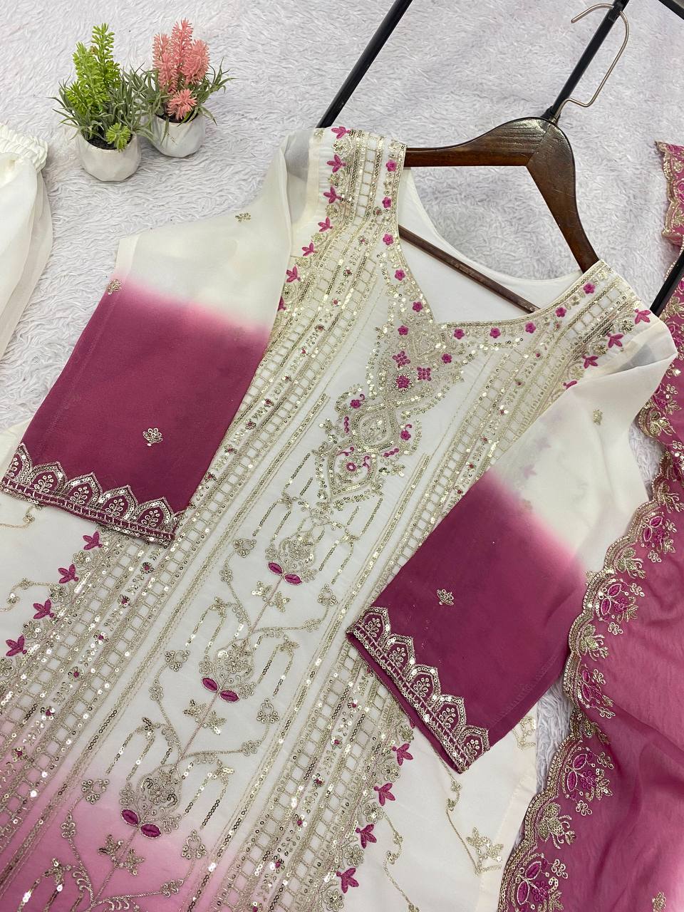 White & Dusty Pink Sequence Embroidered Palazzo Suit