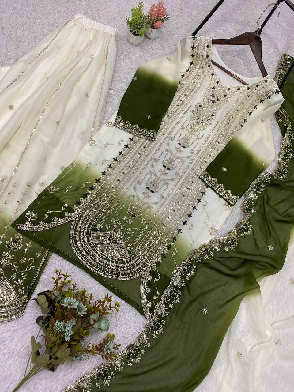 White & Olive Green Sequence Embroidered Palazzo Suit