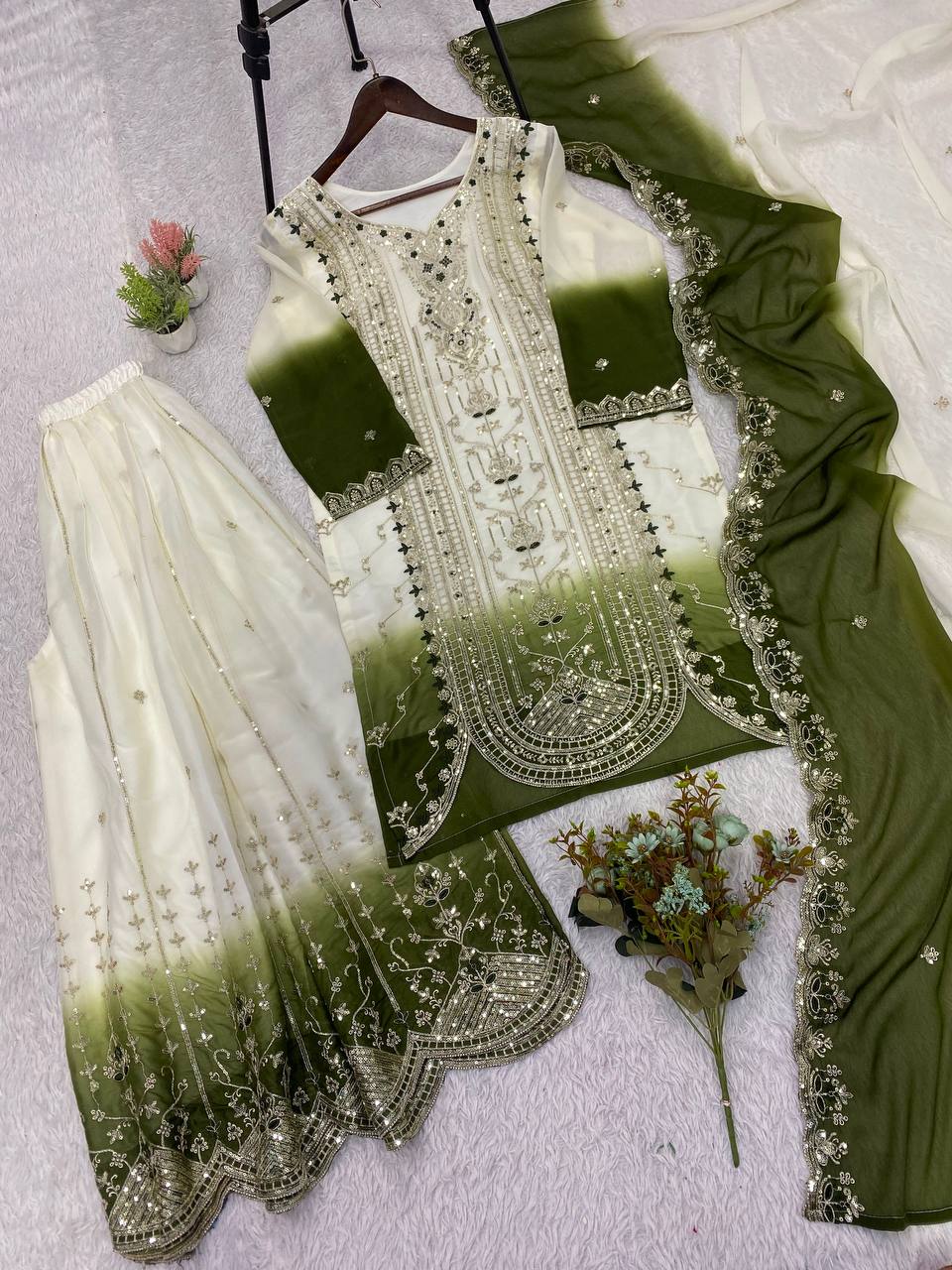 White & Olive Green Sequence Embroidered Palazzo Suit