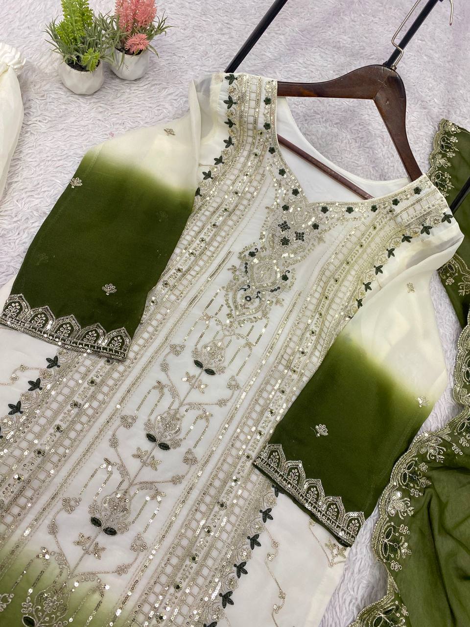 White & Olive Green Sequence Embroidered Palazzo Suit