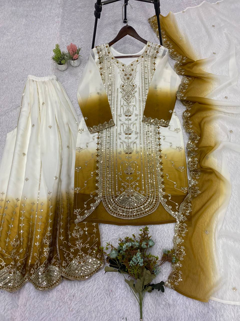 White & Antique Gold Ombre Sequence Embroidered Palazzo Suit