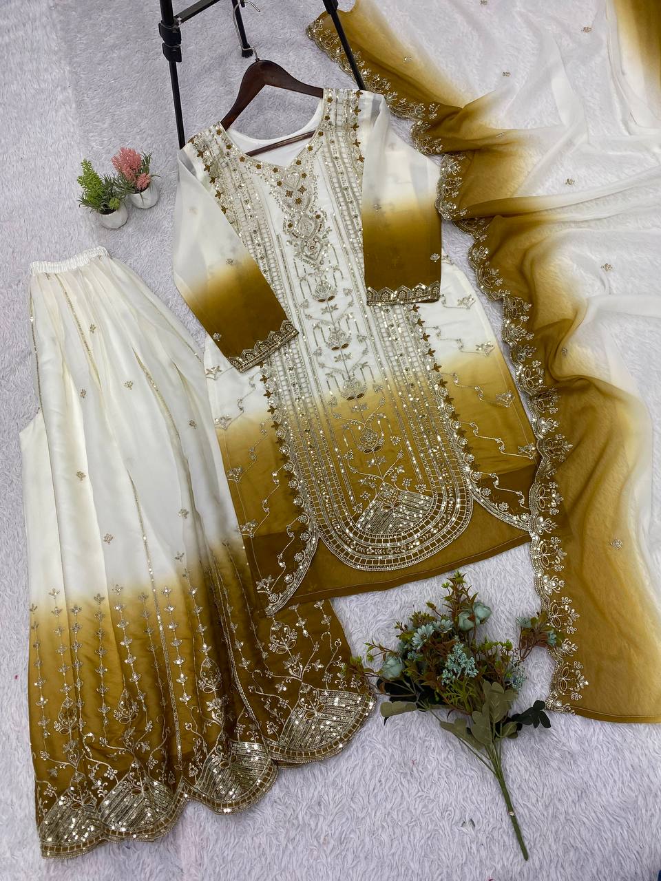 White & Antique Gold Ombre Sequence Embroidered Palazzo Suit