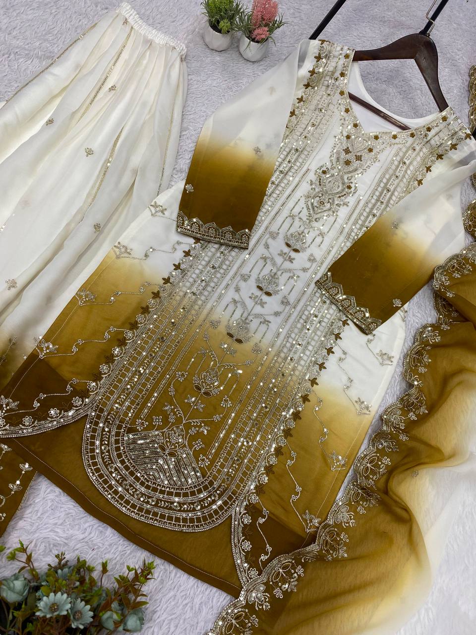 White & Antique Gold Ombre Sequence Embroidered Palazzo Suit
