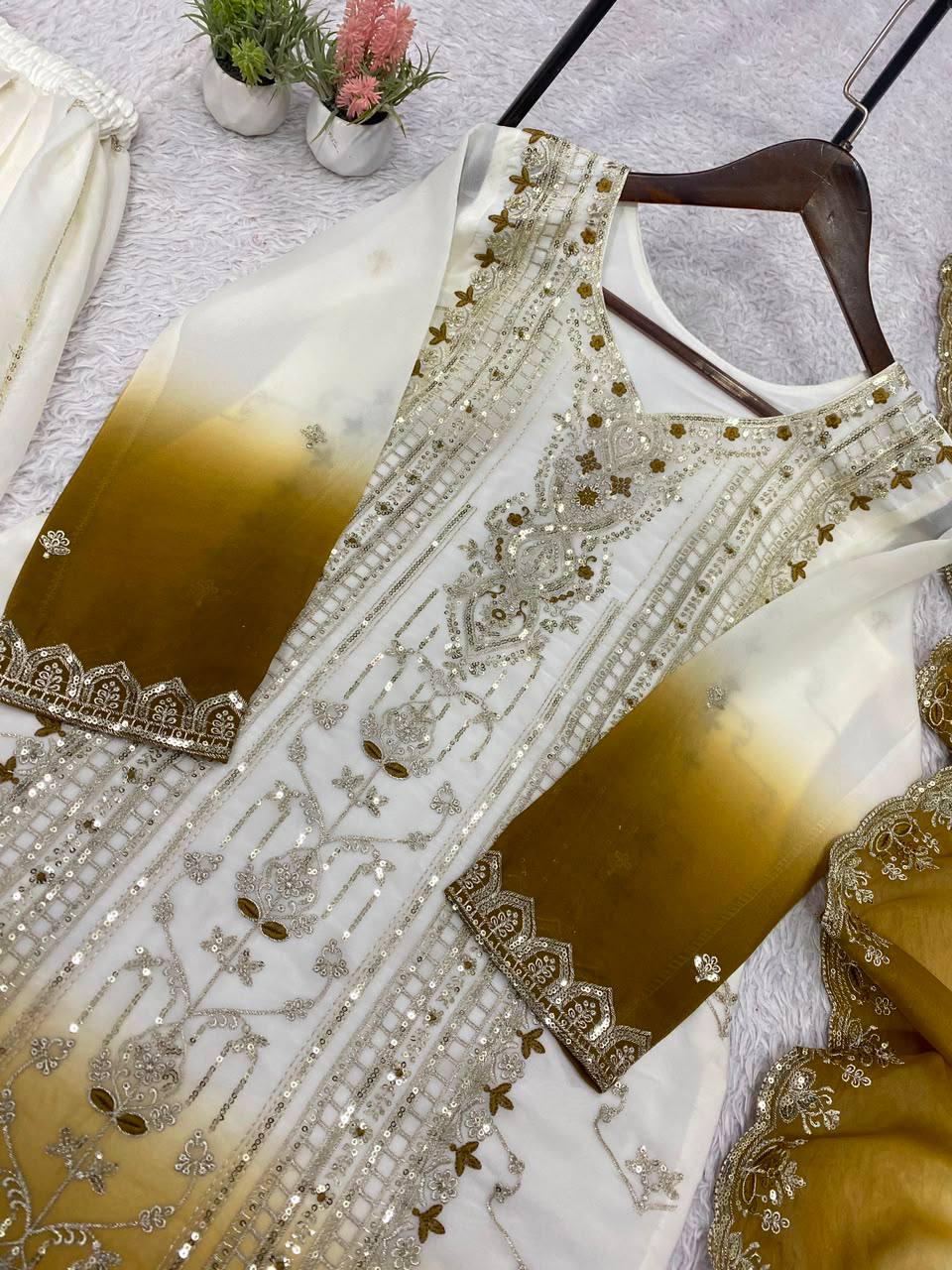 White & Antique Gold Ombre Sequence Embroidered Palazzo Suit