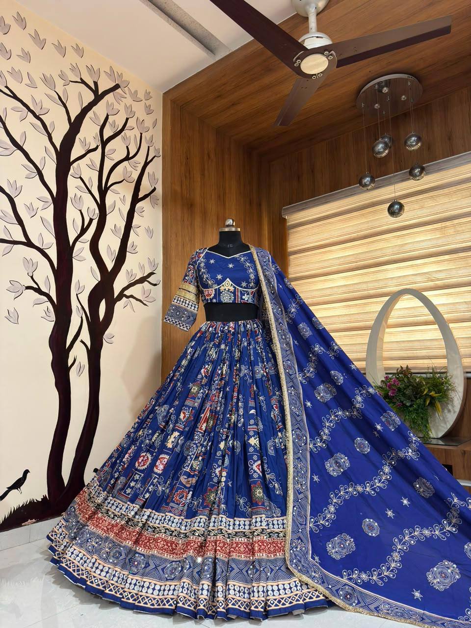 Blue Mirror Work Digital Printed Navratri Lehenga Choli