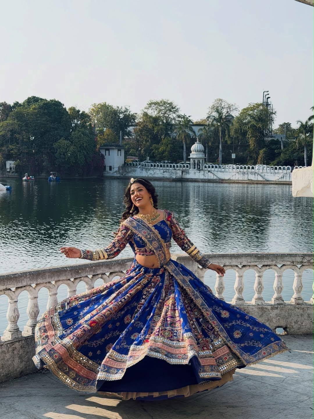 Blue Mirror Work Digital Printed Navratri Lehenga Choli