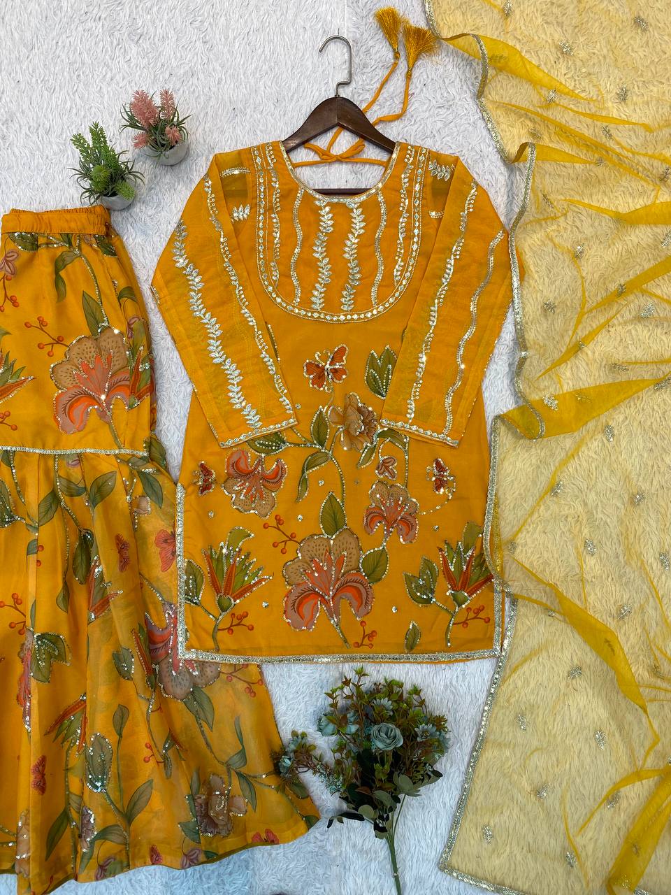 Mustard Yellow Floral Printed Sequins Sharara Suit