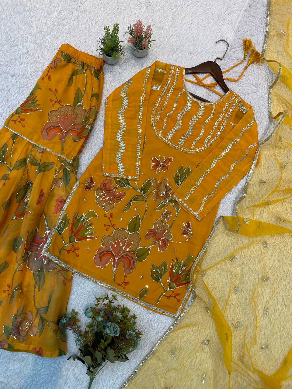 Mustard Yellow Floral Printed Sequins Sharara Suit