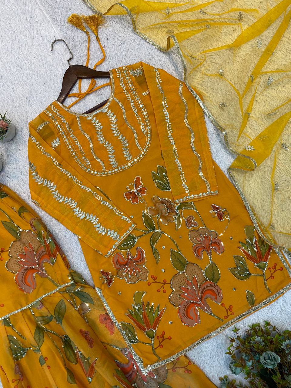 Mustard Yellow Floral Printed Sequins Sharara Suit