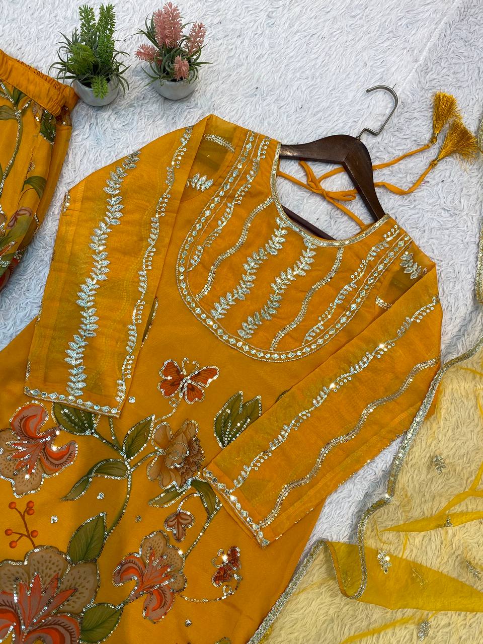 Mustard Yellow Floral Printed Sequins Sharara Suit