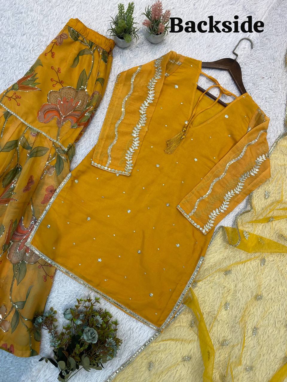 Mustard Yellow Floral Printed Sequins Sharara Suit