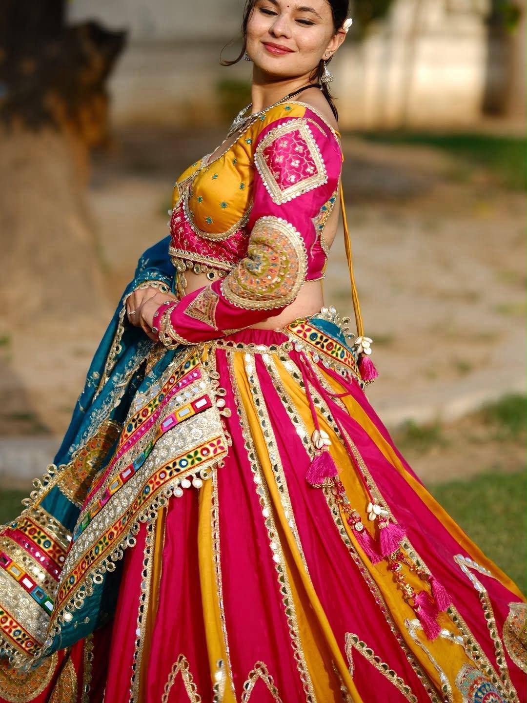 Yellow-Pink Color Digital Printed Muslin Navratri Lehenga Choli