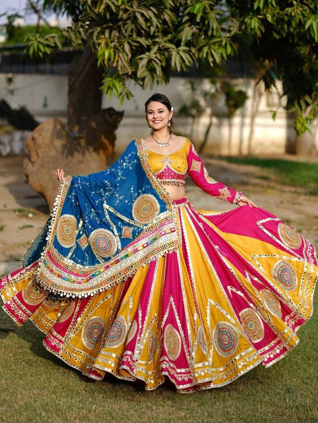 Yellow-Pink Color Digital Printed Muslin Navratri Lehenga Choli