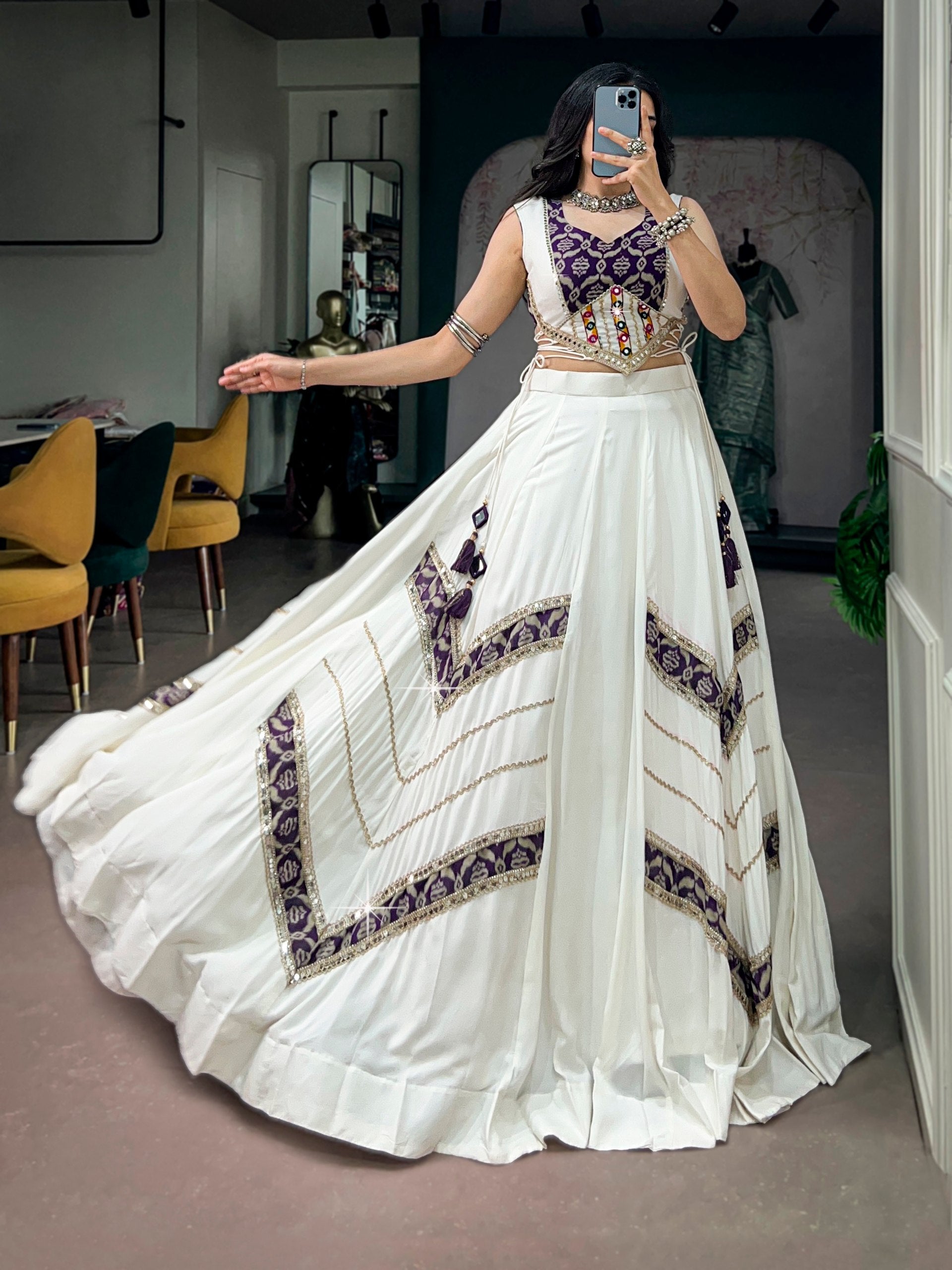 White Rayon Heritage Prints Gamthi Mirror Lace Navratri Lehenga Choli