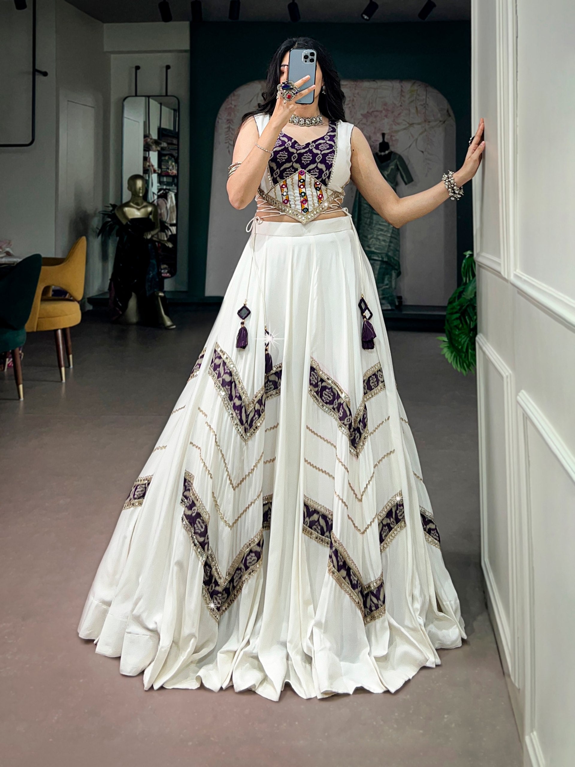 White Rayon Heritage Prints Gamthi Mirror Lace Navratri Lehenga Choli