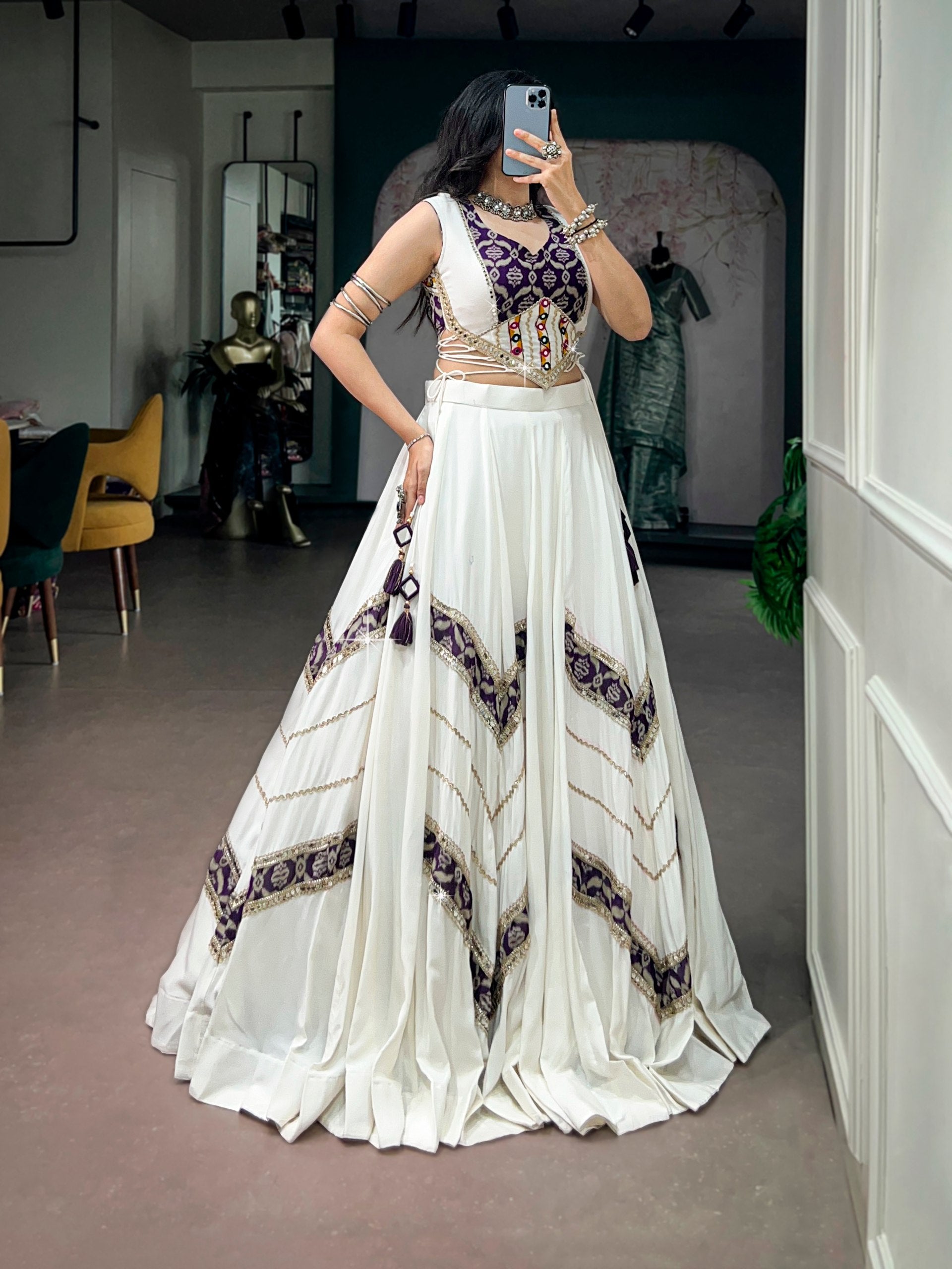 White Rayon Heritage Prints Gamthi Mirror Lace Navratri Lehenga Choli