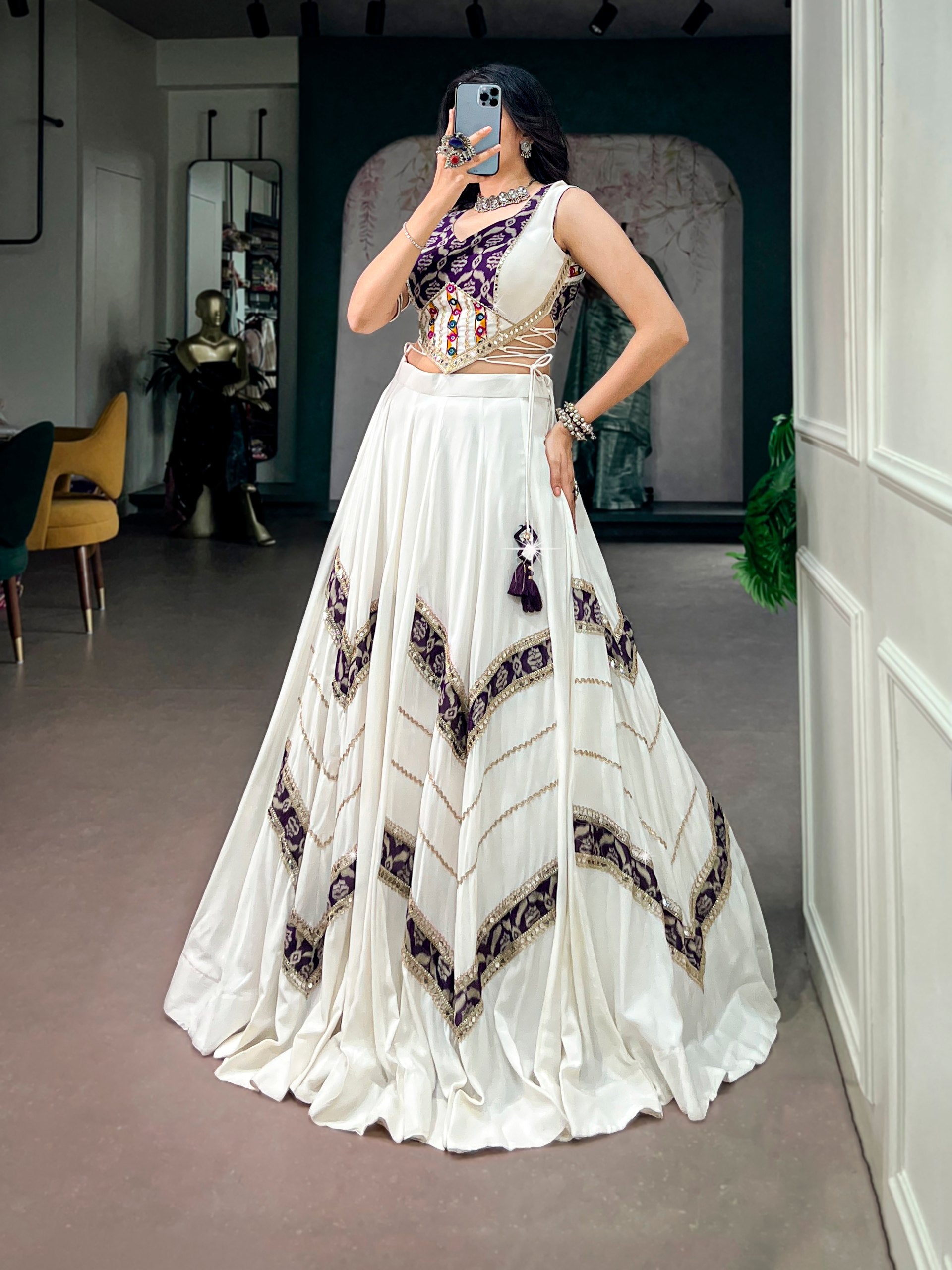 White Rayon Heritage Prints Gamthi Mirror Lace Navratri Lehenga Choli