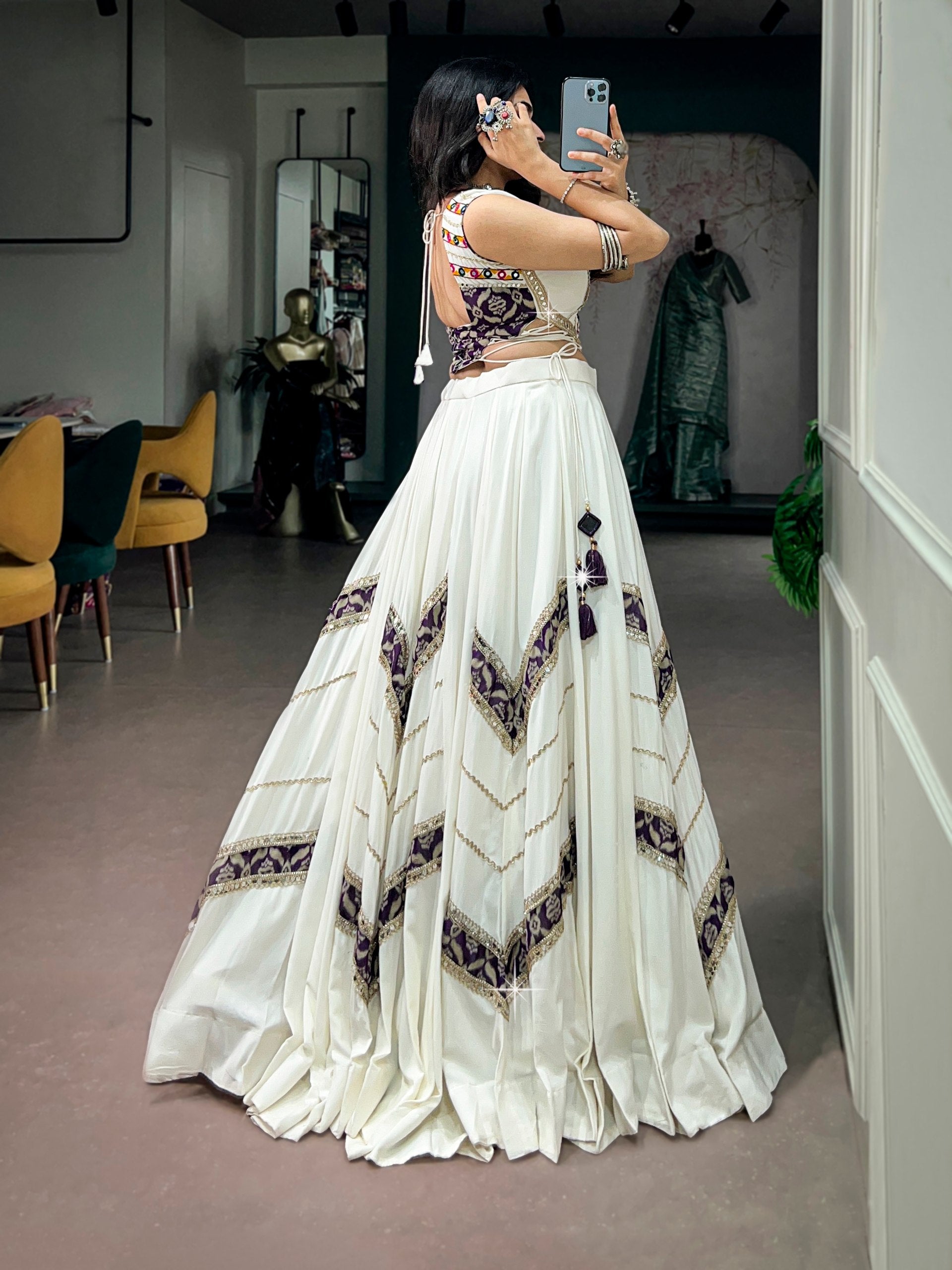 White Rayon Heritage Prints Gamthi Mirror Lace Navratri Lehenga Choli