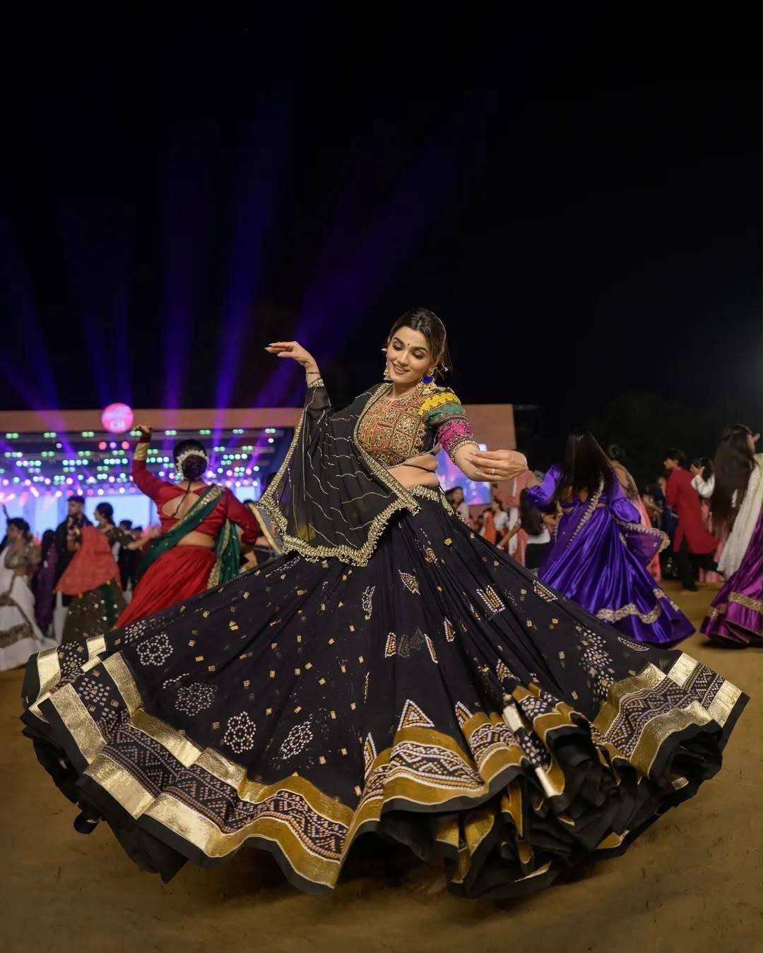 Black Digital Print with Mirror Work  Muslin Navratri Lehenga Choli
