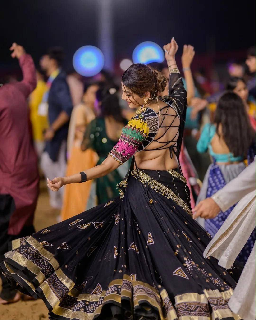 Black Digital Print with Mirror Work  Muslin Navratri Lehenga Choli