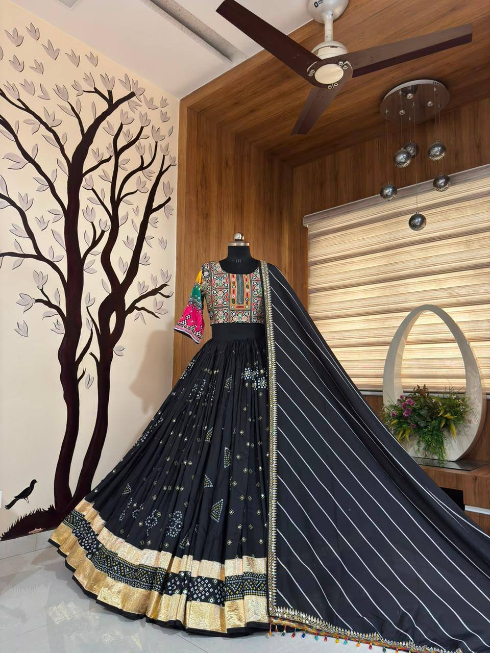 Black Digital Print with Mirror Work  Muslin Navratri Lehenga Choli