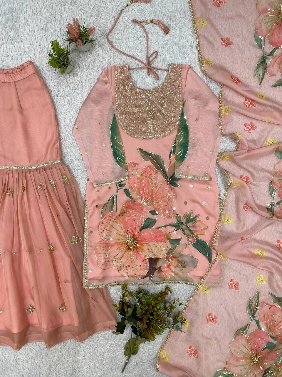 Peach Pink Floral Printed Sequins Sharara Suit