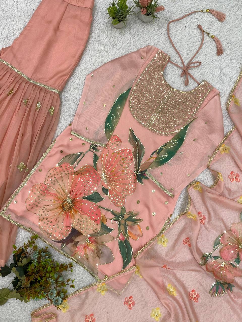 Peach Pink Floral Printed Sequins Sharara Suit