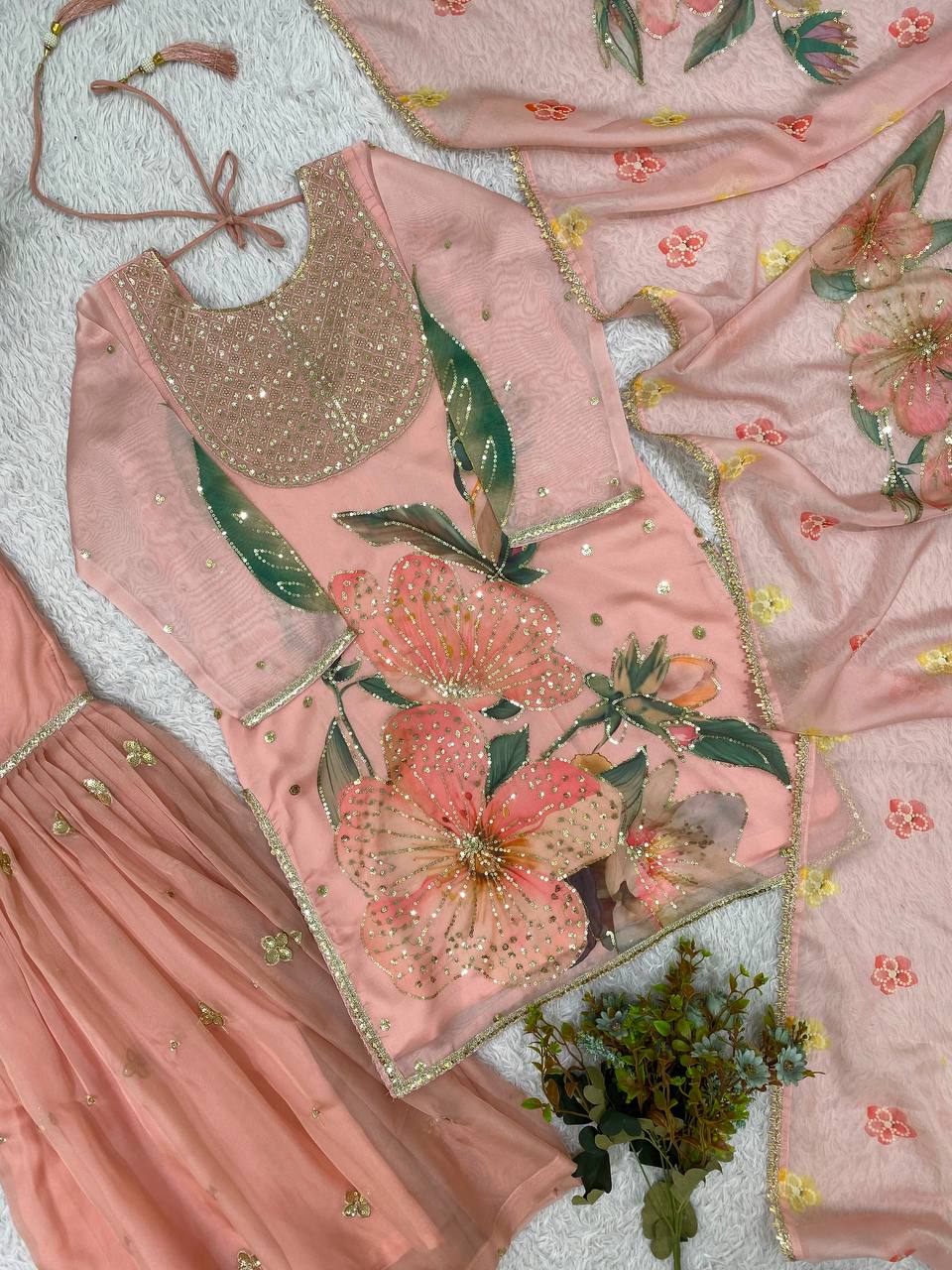 Peach Pink Floral Printed Sequins Sharara Suit