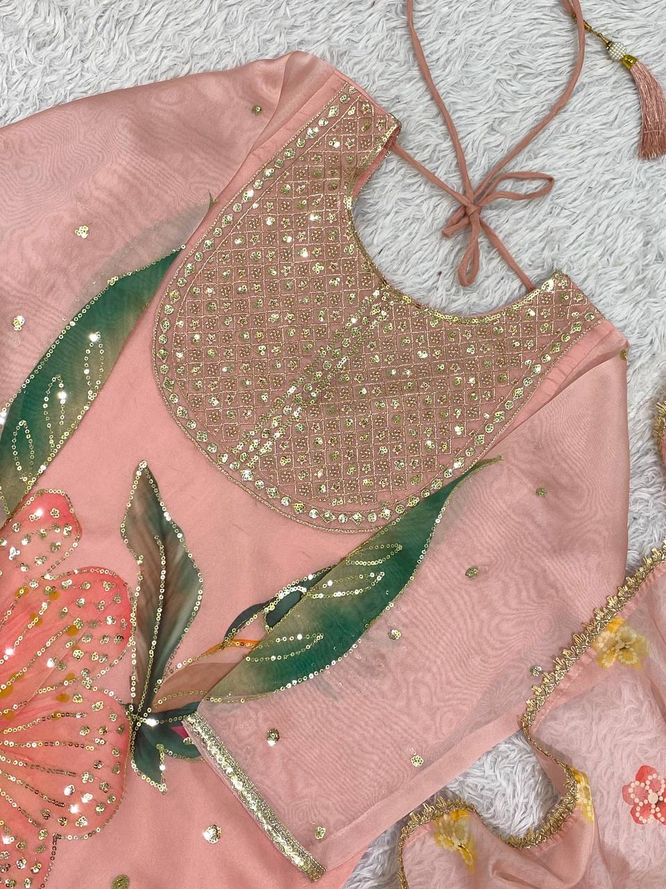 Peach Pink Floral Printed Sequins Sharara Suit