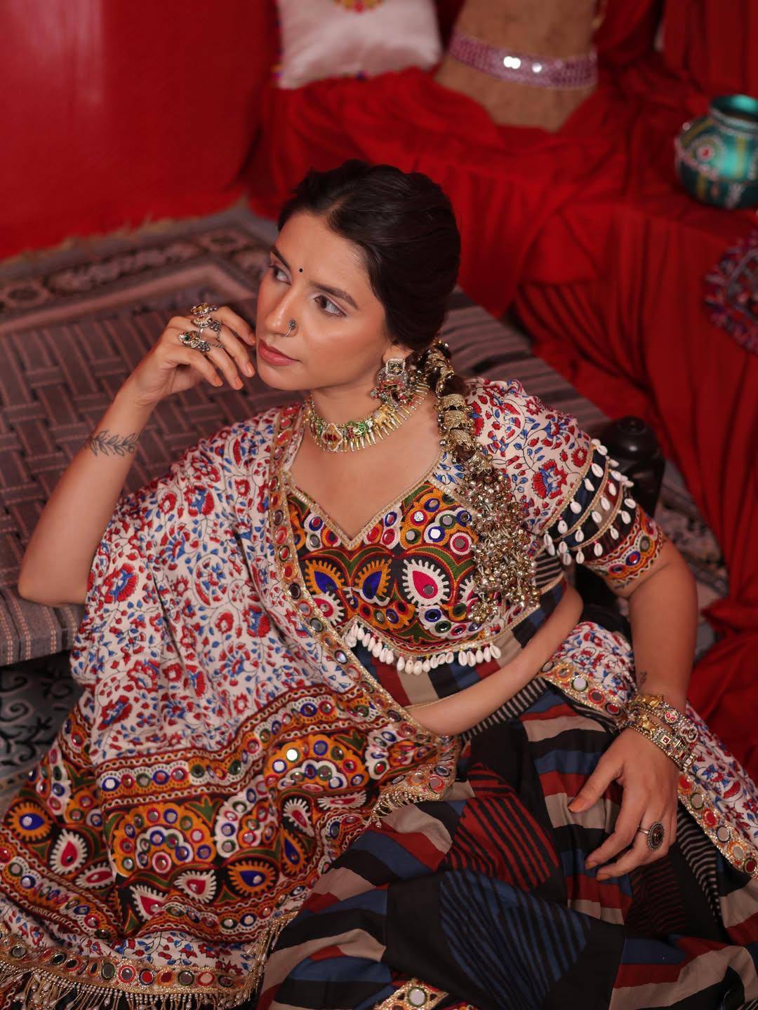 Multi Mirror Work Muslin Navratri Lehenga Choli.