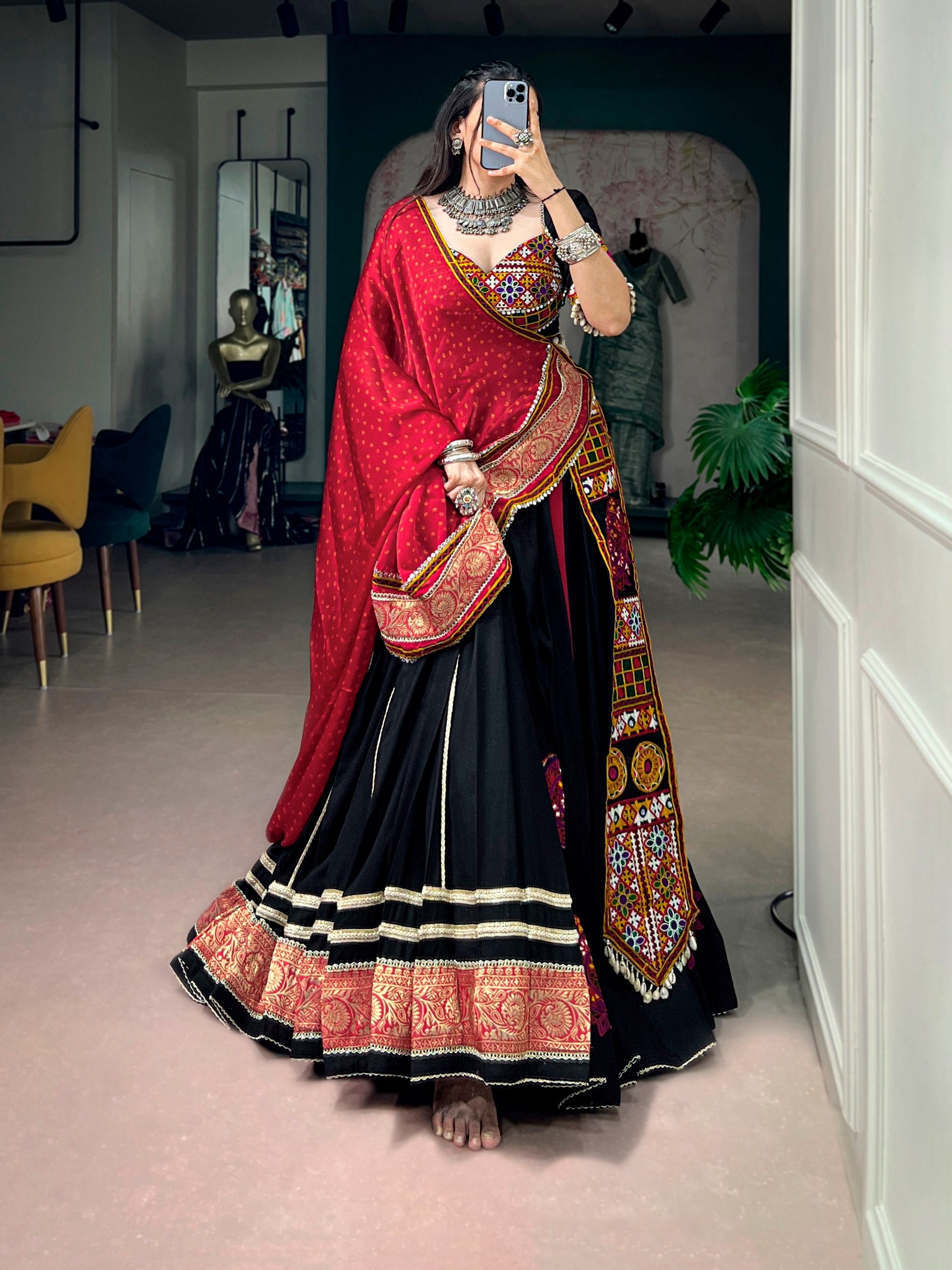 Black Rayon Kutchi Embroidery Patch Work Navratri Lehenga Choli